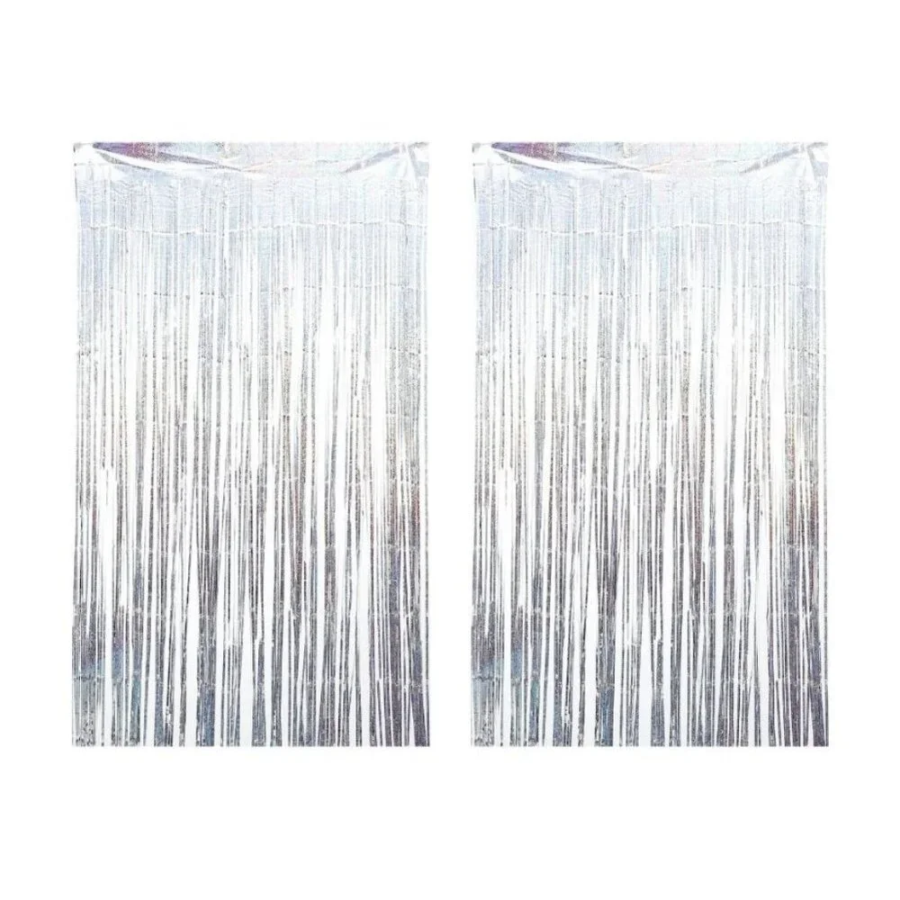 2 Packs Silver Multicolor Tinsel Foil Fringe Curtain Backdrop Engagement Bridal